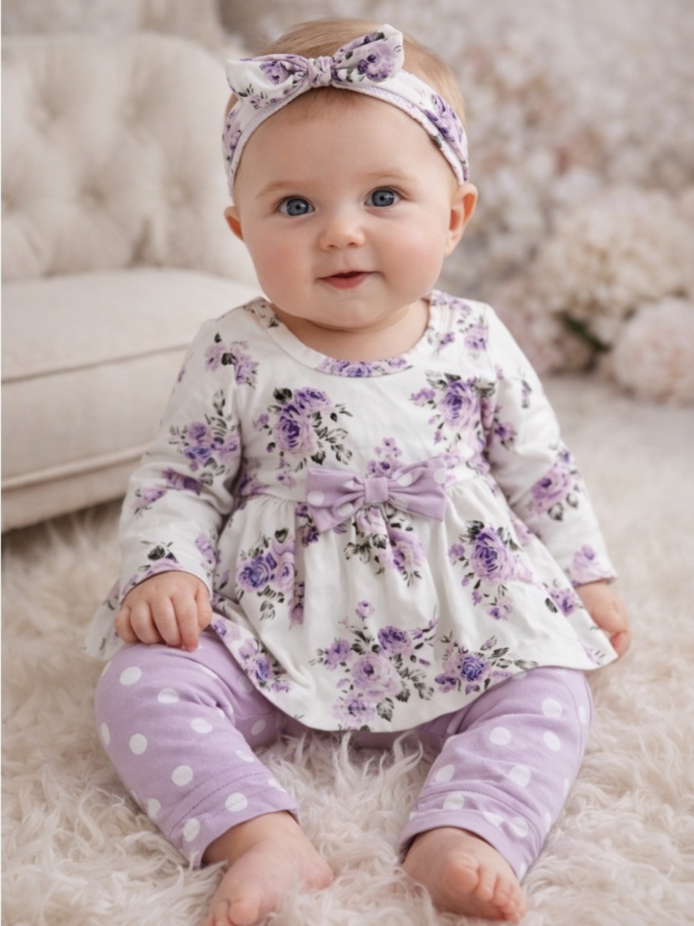Baby Floral Bow Tunic & Polka Dot Leggings Set - Lavender